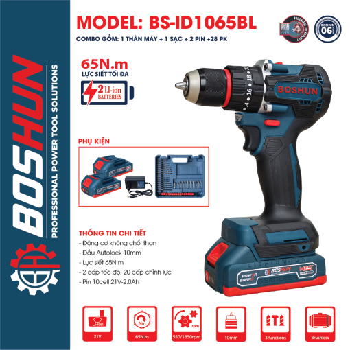 Máy Khoan Pin 10mm 65Nm Boshun BS-ID1065BL - Hình ảnh 2