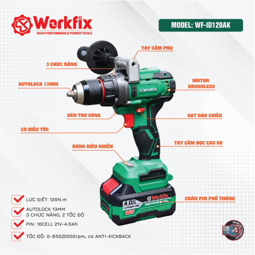 Máy Khoan Pin Cầm Tay 13mm, 120Nm Workfix WF-ID120AK - Hình ảnh 4
