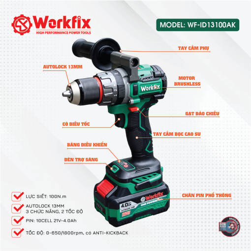 Máy Khoan Pin cầm tay, 13mm, 100Nm WORKFIX WF-ID13100AK - Hình ảnh 5