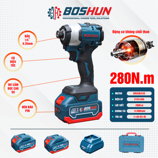 Máy Chuyên Vít PIN 280Nm BOSHUN BS-SD280BN, hàng chính hãng, 100% lõi đồng, không chổi than - Hình ảnh 4