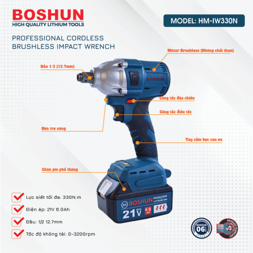 Máy siết bulong Boshun BS-IW330N đầu 2 trong 1 Lực siết 330Nm – Không chổi than – Bảo hành chính hãng 12 tháng - Hình ảnh 5