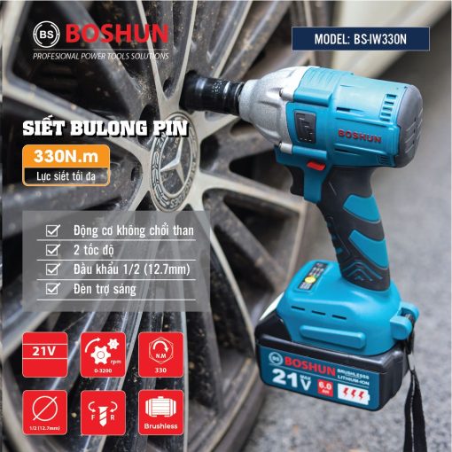 Máy siết bulong Boshun BS-IW330N đầu 2 trong 1 Lực siết 330Nm – Không chổi than – Bảo hành chính hãng 12 tháng
