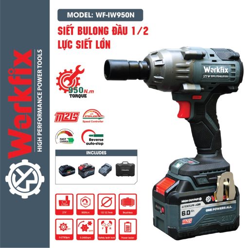 Máy Siết bulong PIN 950Nm Workfix WF-IW950N chính hãng, Không Chổi Than, 100% lõi đồng - Hình ảnh 4