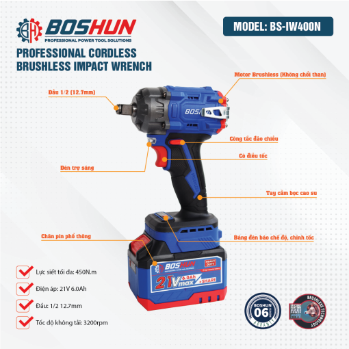 Máy Bắn, siết Bulong PIN 400Nm BOSHUN BS-IW400N chính hãng, Không Chổi Than, 2 in 1, 100% lõi đồng - Hình ảnh 4