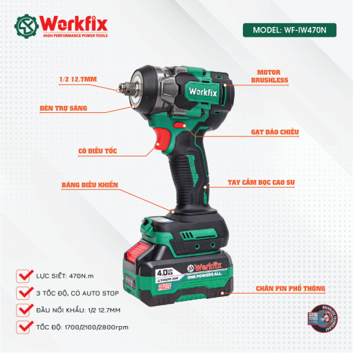 Máy Siết bulong PIN 470Nm WORKFIX WF-IW470N chính hãng, Đầu 2 trong 1, 100% lõi đồng - Hình ảnh 5