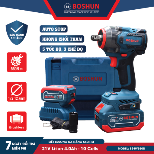Máy Siết Bulong BOSHUN BS-IW550N – Lực Siết 550N Có Búa – Mở Ốc Ôto Dễ Dàng – Bảo Hành Chính Hãng Boshun 12T