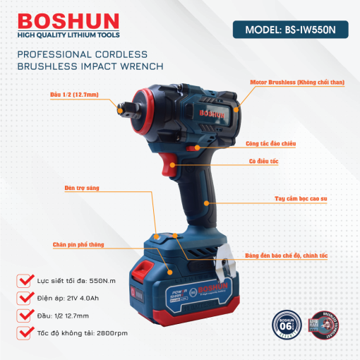 Máy Siết Bulong BOSHUN BS-IW550N – Lực Siết 550N Có Búa – Mở Ốc Ôto Dễ Dàng – Bảo Hành Chính Hãng Boshun 12T - Hình ảnh 2