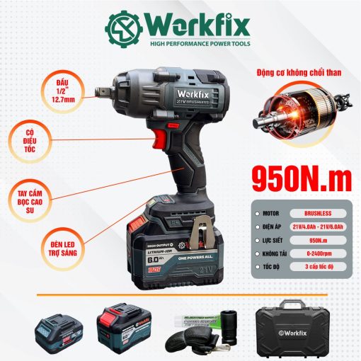 Máy Siết bulong PIN 950Nm Workfix WF-IW950N chính hãng, Không Chổi Than, 100% lõi đồng - Hình ảnh 6