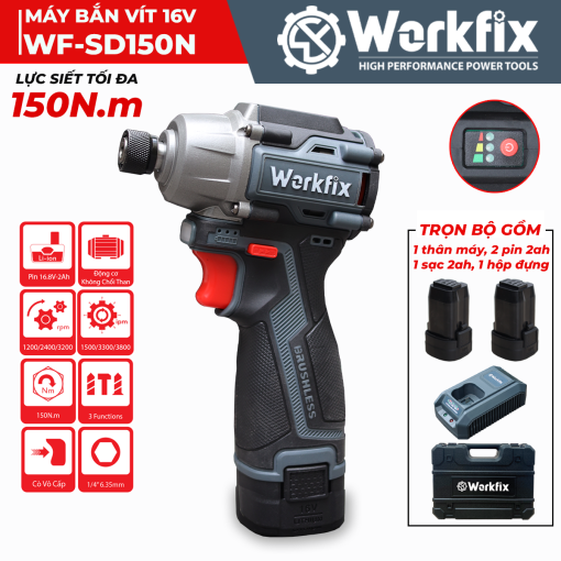 Máy Chuyên Vít PIN 150Nm WORKFIX WF-SD150N đầu 2 trong 1 hàng chính hãng, 100% lõi đồng - Hình ảnh 4