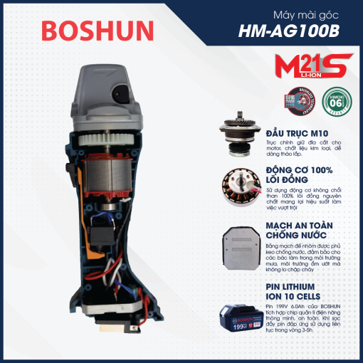 Máy Mài Pin Boshun BS-AG100B – Mài bề mặt – Cắt kim loại – Động Cơ Không Chổi Than – 100% Lõi Đồng - Hình ảnh 5