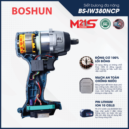 MÁY SIẾT BULONG DÙNG PIN BOSHUN BS-IW380NCP – KHÔNG CHỔI THAN – AUTO STOP – TẶNG ĐẦU BULONG 22mm - Hình ảnh 6