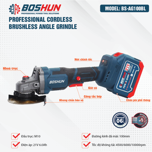Máy Cắt Mài PIN cầm tay Boshun BS-AG100BL chính hãng, Không Chổi Than,100% Lõi Đồng, 2 Pin - Hình ảnh 4