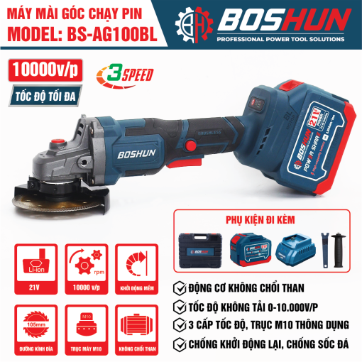 Máy Cắt Mài PIN cầm tay Boshun BS-AG100BL chính hãng, Không Chổi Than,100% Lõi Đồng, 2 Pin - Hình ảnh 5