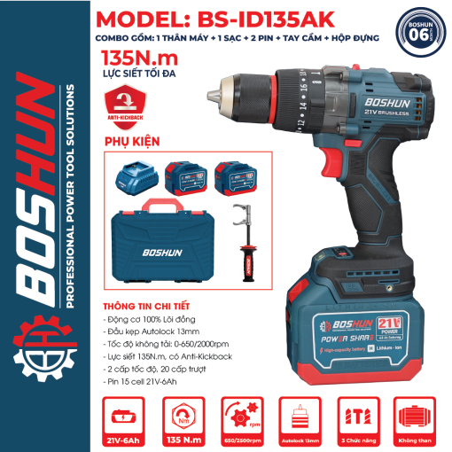 Máy khoan pin Boshun BS-ID135AK pin 15 Cell, 13mm, 135Nm - Hình ảnh 2