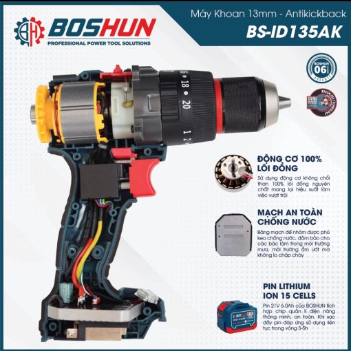 Máy khoan pin Boshun BS-ID135AK pin 15 Cell, 13mm, 135Nm - Hình ảnh 5