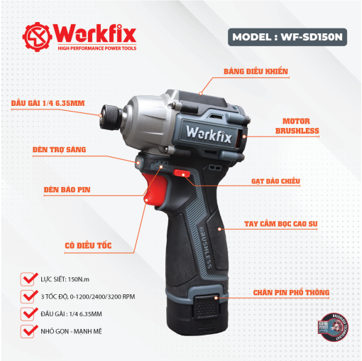 Máy Chuyên Vít PIN 150Nm WORKFIX WF-SD150N đầu 2 trong 1 hàng chính hãng, 100% lõi đồng - Hình ảnh 2