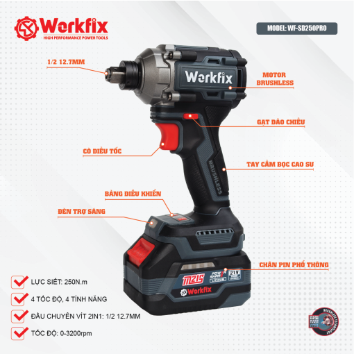 Máy Chuyên Vít PIN, đầu bulong, 250Nm, WORKFIX WF-SD250PRO (hàng chính hãng), 100% lõi đồng - Hình ảnh 2