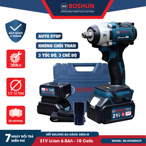 MÁY SIẾT BULONG DÙNG PIN BOSHUN BS-IW380NCP – KHÔNG CHỔI THAN – AUTO STOP – TẶNG ĐẦU BULONG 22mm