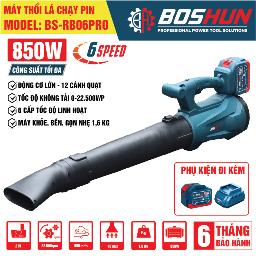 Máy Thổi Bụi, Thổi Lá Dùng Pin BOSHUN BS-RB06PRO Công Suất Lớn 850W, Chỉnh 6 Cấp Tốc Độ, 12 Cánh Quạt - Hình ảnh 6