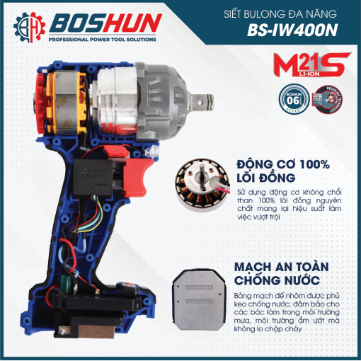 Máy Bắn, siết Bulong PIN 400Nm BOSHUN BS-IW400N chính hãng, Không Chổi Than, 2 in 1, 100% lõi đồng - Hình ảnh 6