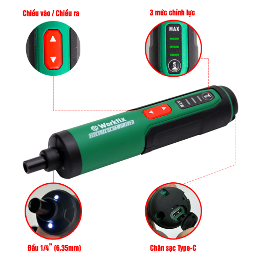 Máy Vặn Vít Mini WORKFIX WF-SD0503, Động cơ Không chổi than, 3 Tốc độ, Lực siết 5Nm, Tặng kèm 26 phụ kiện đa năng - Hình ảnh 6