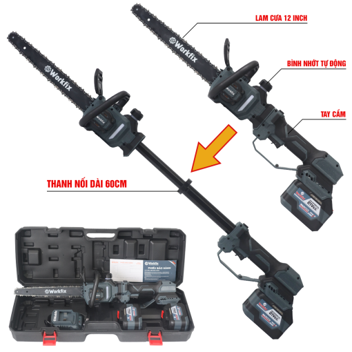 Máy cưa xích cầm tay chạy PIN 1200w WORKFIX WF-CS12MAX, Không chổi than, 100% lõi đồng. - Hình ảnh 5