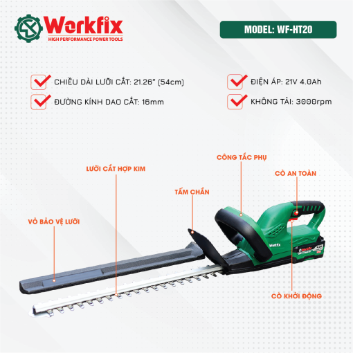 Máy Cắt Tỉa Hàng Rào, Cây Cảnh WORKFIX WF-HT20 Không Chổi Than Lõi Đồng 100% – Công suất 3000W – Bảo Hành Chính Hãng 12T - Hình ảnh 3