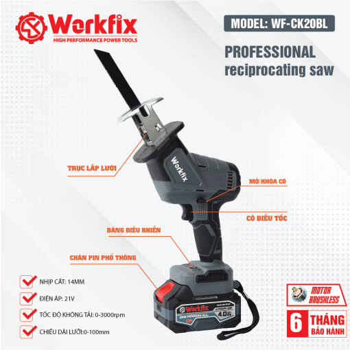 Máy Cưa Kiếm Dùng Pin Workfix WF-CK20BL – 500W, Không Chổi Than, Pin 21V 4.0Ah, Tặng Bộ 4 Lưỡi Thép Cao Cấp - Hình ảnh 3