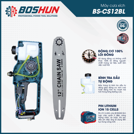 Máy Cưa Xích BOSHUN BS-CS12BL, Lam Xích 12inch, Không Chổi Than – Bộ 2 Pin 15 Cell – Có Tra Nhớt Tự Động - Hình ảnh 5