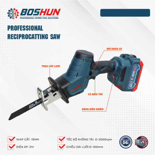 Máy Cưa Kiếm Cầm Tay BOSHUN BS-CK3055T – Không Chổi Than – Chân Pin Phổ Thông – Cưa Gỗ, Cắt, Tỉa Cây – Bảo Hành 12 Tháng - Hình ảnh 3