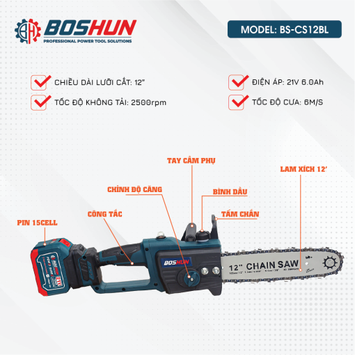 Máy Cưa Xích BOSHUN BS-CS12BL, Lam Xích 12inch, Không Chổi Than – Bộ 2 Pin 15 Cell – Có Tra Nhớt Tự Động - Hình ảnh 4