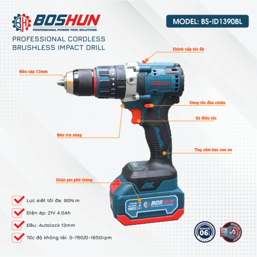 Máy Khoan Pin cầm tay BOSHUN BS-ID1390BL 13mm, 90Nm - Hình ảnh 4