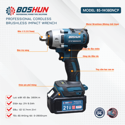 MÁY SIẾT BULONG DÙNG PIN BOSHUN BS-IW380NCP – KHÔNG CHỔI THAN – AUTO STOP – TẶNG ĐẦU BULONG 22mm - Hình ảnh 2