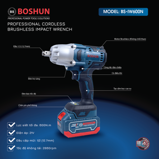 Máy Siết Bulong BOSHUN BS-IW600N – Lực Búa Siết 600N – Mở Ốc Ôto Tải Dễ Dàng – Bảo Hành Chính Hãng Boshun 12T - Hình ảnh 5