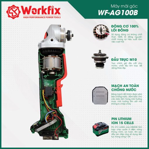 Máy Cắt Mài PIN cầm tay Workfix WF-AG100B chính hãng, Không Chổi Than, 100% Lõi Đồng, 2 PIN - Hình ảnh 5
