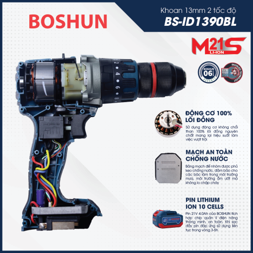 Máy Khoan Pin cầm tay BOSHUN BS-ID1390BL 13mm, 90Nm - Hình ảnh 6