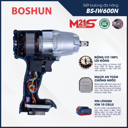 Máy Siết Bulong BOSHUN BS-IW600N – Lực Búa Siết 600N – Mở Ốc Ôto Tải Dễ Dàng – Bảo Hành Chính Hãng Boshun 12T - Hình ảnh 6