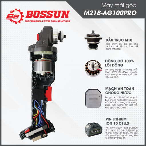 Máy Cắt Mài PIN cầm tay BOSSUN M21B-AG100PRO chính hãng, Không chổi than, 100% lõi đồng. 2 PIN - Hình ảnh 5