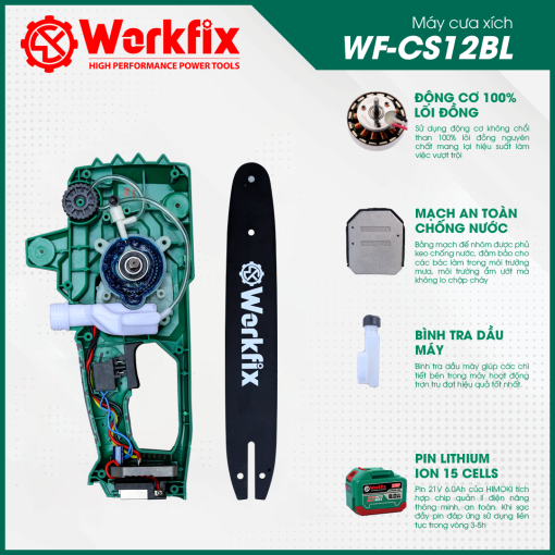 Máy cưa xích mini cầm tay chạy PIN điện 800w WORKFIX WF-CS12BL, hàng chính hãng, Không Chổi Than - Hình ảnh 6
