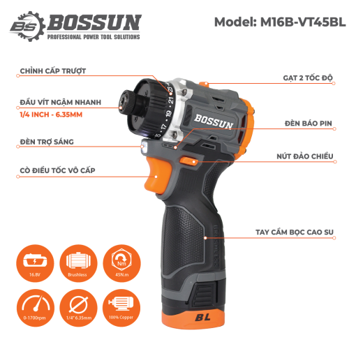 Máy Chuyên vít trượt PIN 45Nm Bossun M16B-VT45BL, 23 Cấp trượt – Không chổi than – Bộ 2 pin 4 Cell - Hình ảnh 3