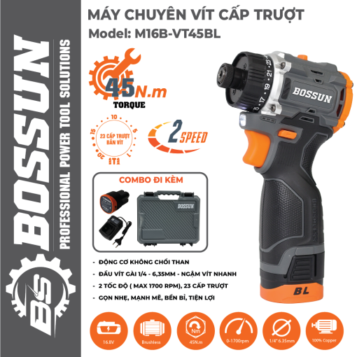 Máy Chuyên vít trượt PIN 45Nm Bossun M16B-VT45BL, 23 Cấp trượt – Không chổi than – Bộ 2 pin 4 Cell - Hình ảnh 2