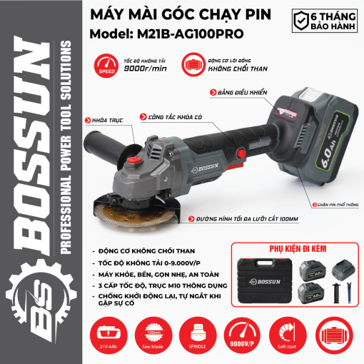 Máy Cắt Mài PIN cầm tay BOSSUN M21B-AG100PRO chính hãng, Không chổi than, 100% lõi đồng. 2 PIN - Hình ảnh 2
