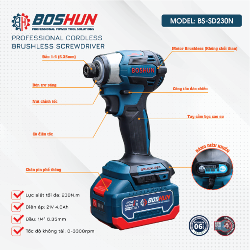 Máy Chuyên Vít PIN 230Nm Boshun BS-SD230N (hàng chính hãng) 5 Mức Tốc Độ, Auto-Stop, Auto-slow. - Hình ảnh 2