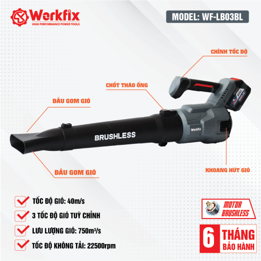 Máy Thổi Bụi / Thổi Lá, rác cầm tay dùng Pin 1000w Workfix 3 Tốc WF-LB03BL, hàng chính hãng, 100% lõi đồng - Hình ảnh 2
