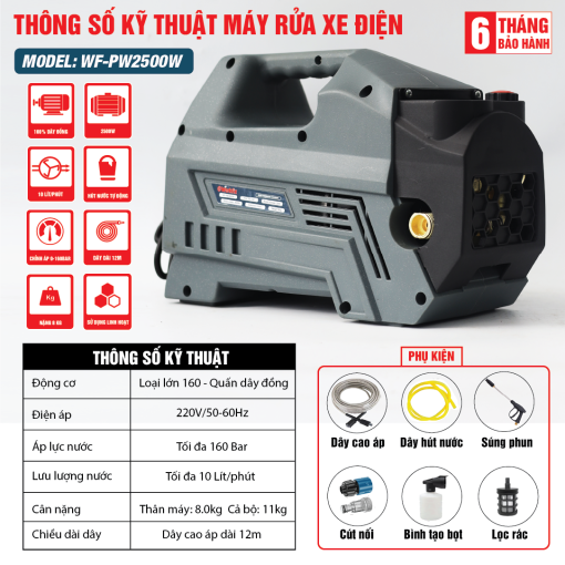 Máy rửa xe cao áp mini gia đình 2500w WORKFIX WF-PW2500W, hàng chính hãng, 100% lõi đồng, tặng dây cao áp 12m - Hình ảnh 2