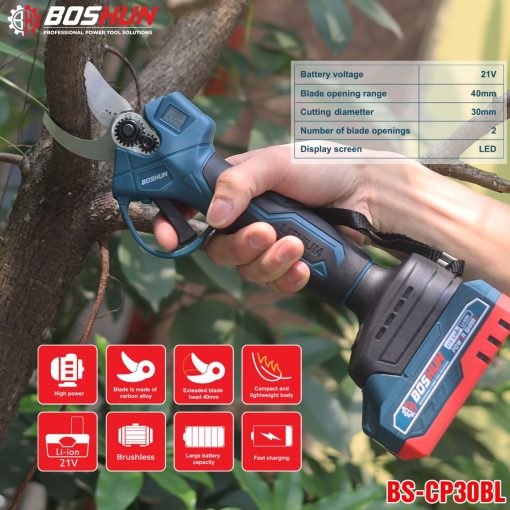 Kéo cắt cành dùng PIN BOSHUN BS-CP30BL, hàng chính hãng, siêu khỏe, Pin Khủng 21V, động cơ không chổi than - Hình ảnh 2