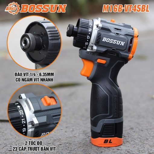Máy Chuyên vít trượt PIN 45Nm Bossun M16B-VT45BL, 23 Cấp trượt – Không chổi than – Bộ 2 pin 4 Cell