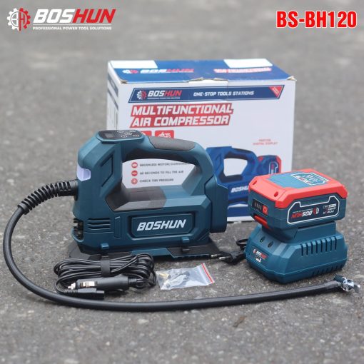 Máy Bơm hơi pin BOSHUN BS-BH120, CS 120W, Áp suất 120 psi, Màn hình led, Vừa dùng điện vừa dùng pin
