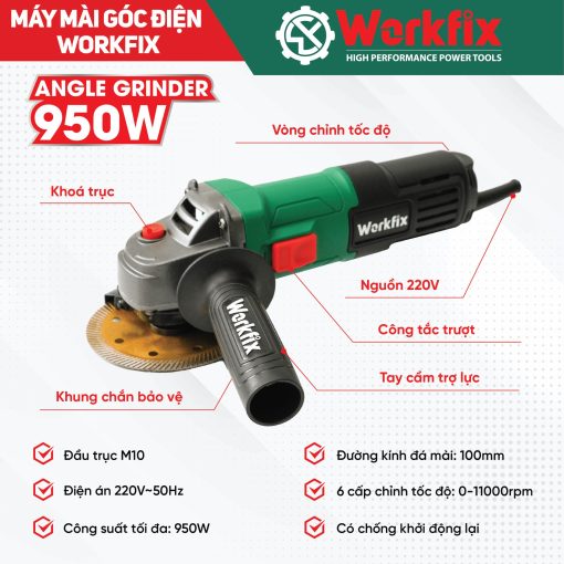 Máy mài điện cầm tay WORKFIX WF-AG100CT, Công tắc cạnh 950W, 6 Tốc độ, Chống khởi động lại - Hình ảnh 3