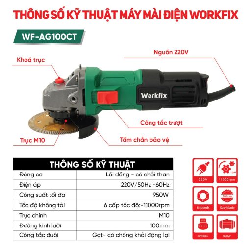 Máy mài điện cầm tay WORKFIX WF-AG100CT, Công tắc cạnh 950W, 6 Tốc độ, Chống khởi động lại - Hình ảnh 2